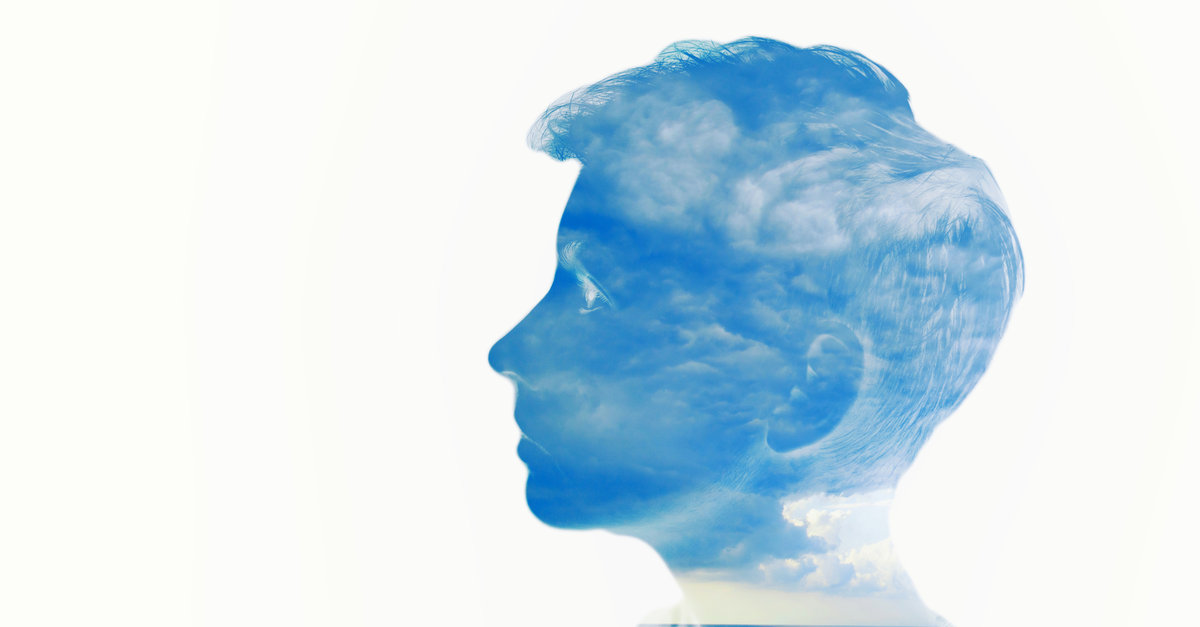 Silhouette portrait white isolated with sea water and cloud nature. Thinking patterns, life zen IQ concept